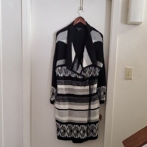 Tahari Black and Gray Striped Cardigan Saftey Pin Closer And Pockets